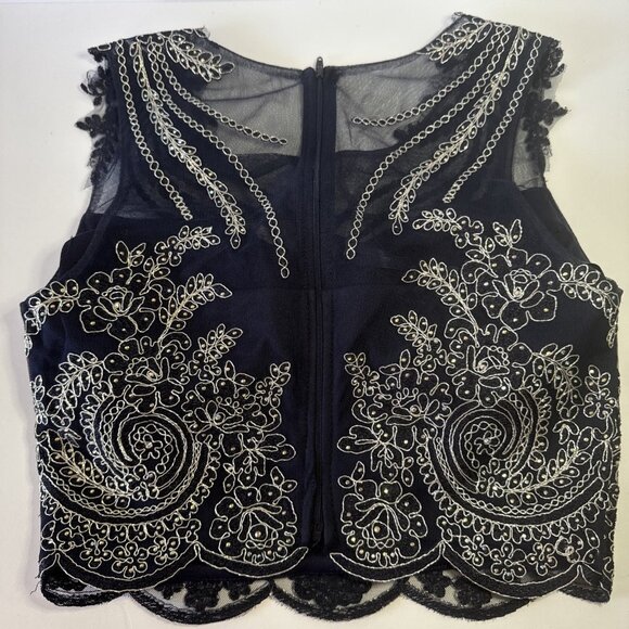 Junior A-Line Skirt Top 2 Piece Dress Set Size 7 Navy Blue Metallic Embroidered - Picture 7 of 16